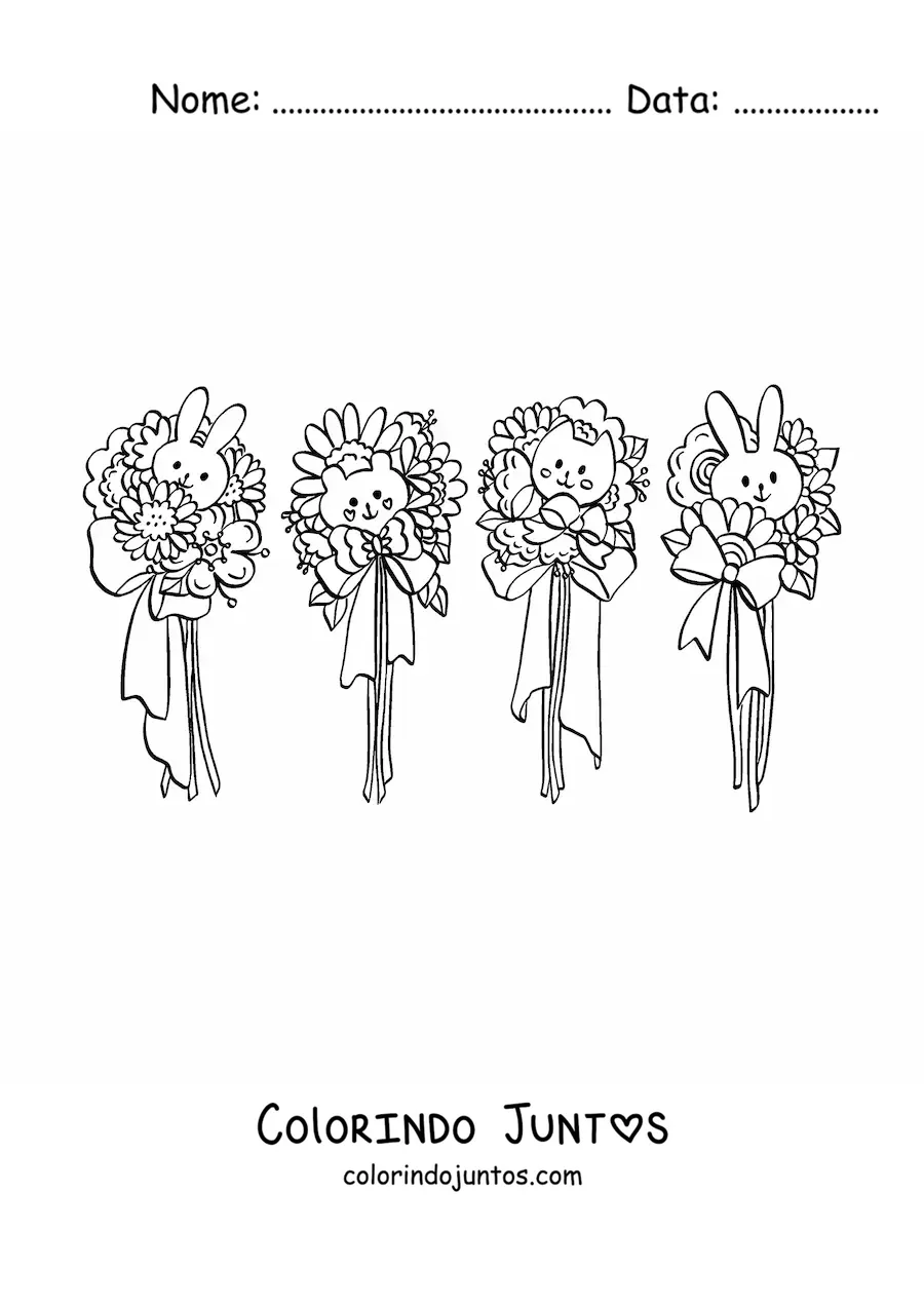 Desenho para colorir de flores com coelhos e gato kawaii