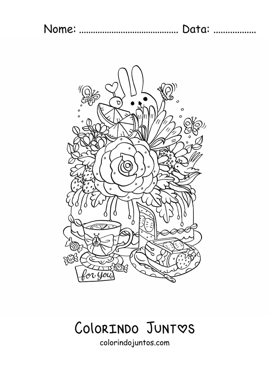Desenho para colorir de bolo com flores e xicara de cha com coelho kawaii