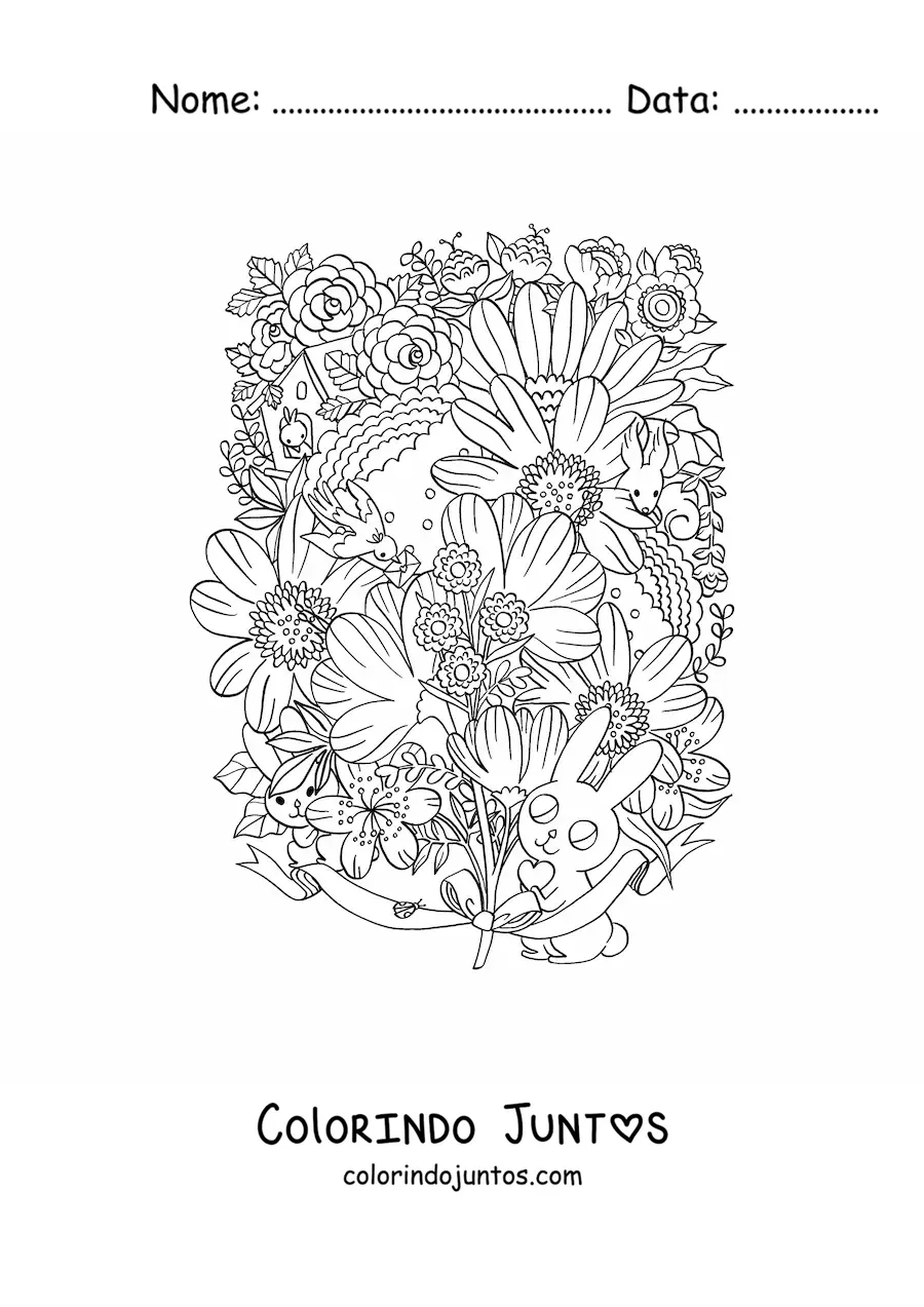 Desenho para colorir de flores com coelhinhos kawaii e animais