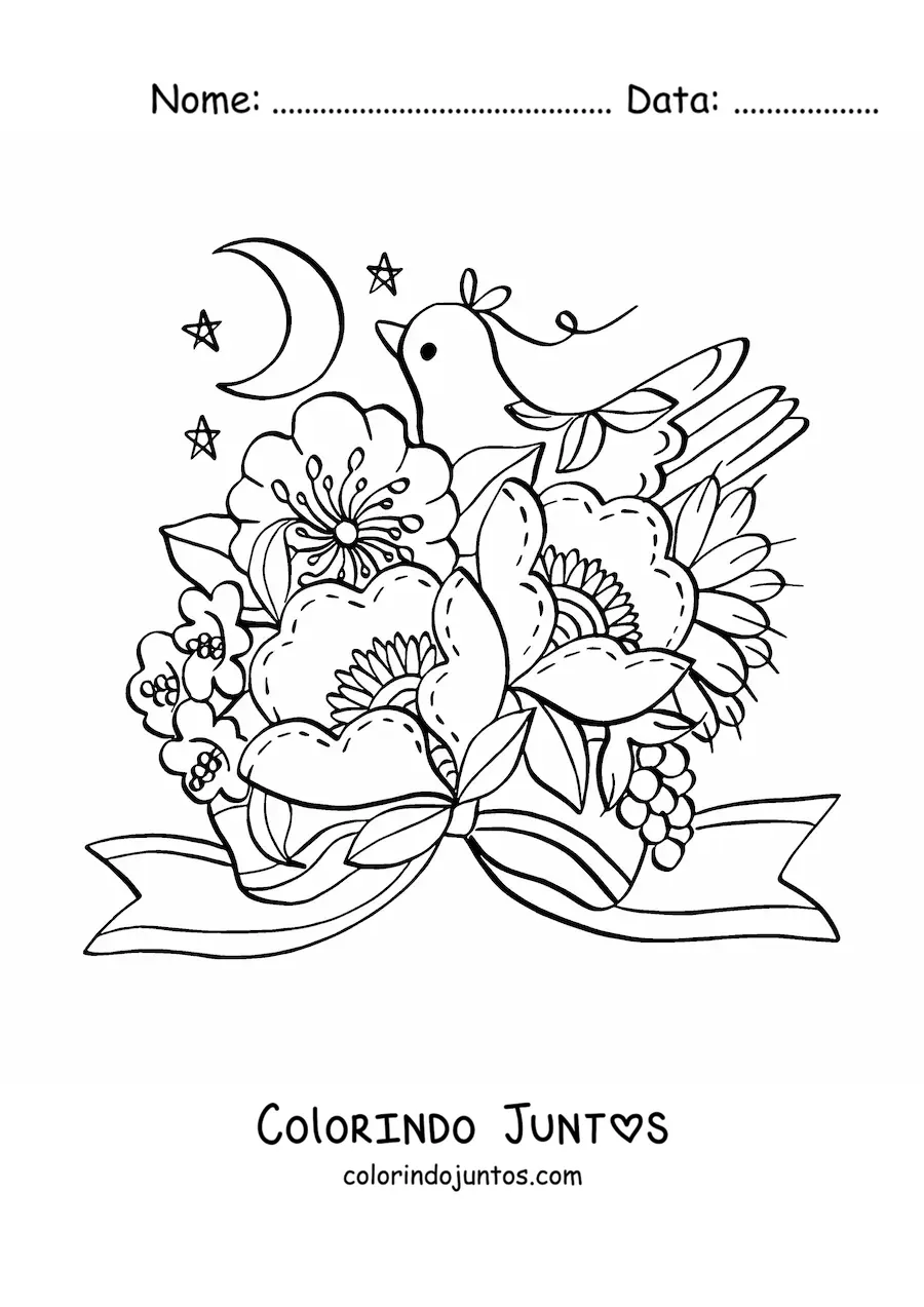 Desenho para colorir de flores lindas com pomba kawaii e a Lua