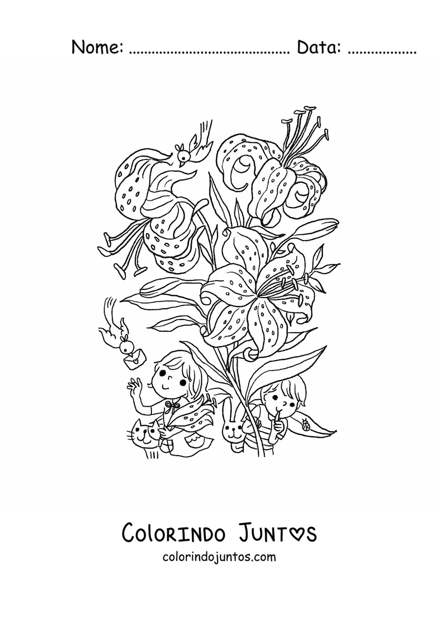 Desenho para colorir de lirios com criancas kawaii