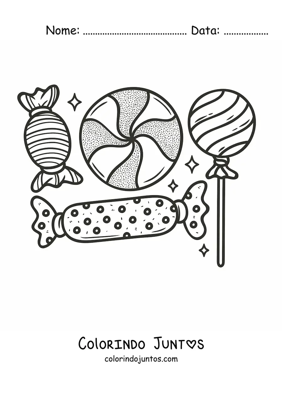 Desenho para colorir de um pirulito e balas embrulhadas