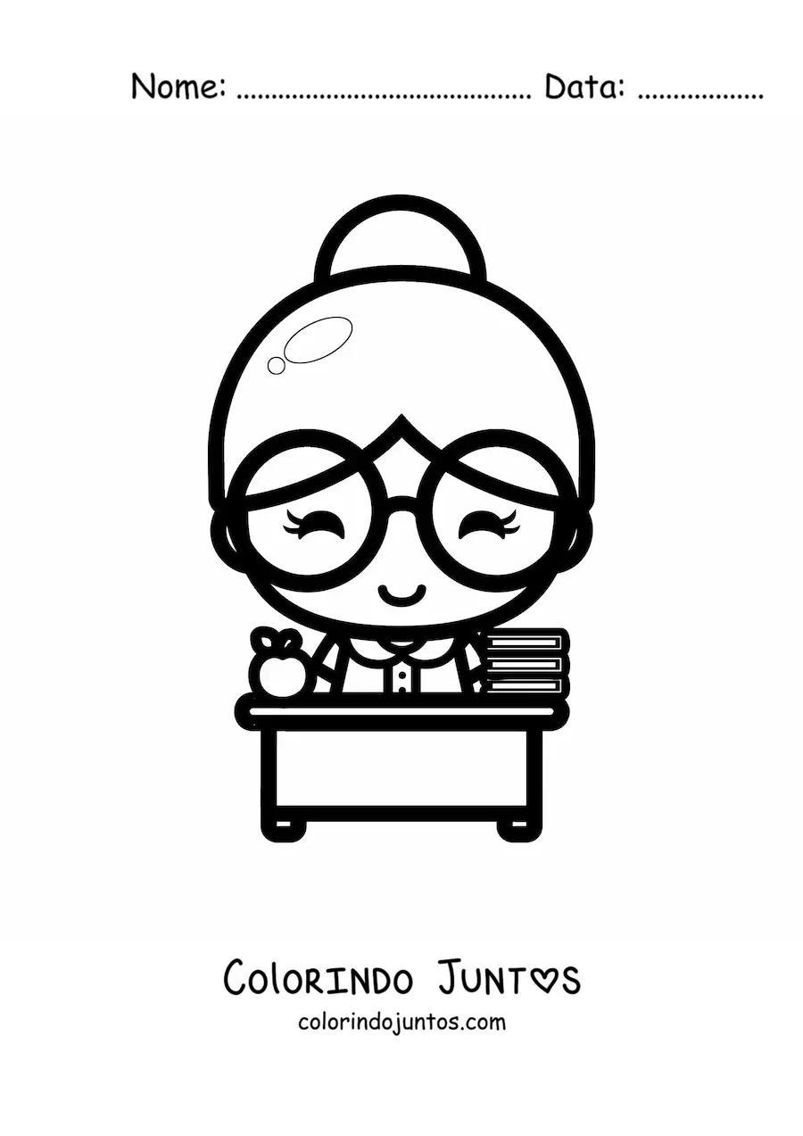 Desenho para colorir de professora kawaii em sua mesa com uma maca