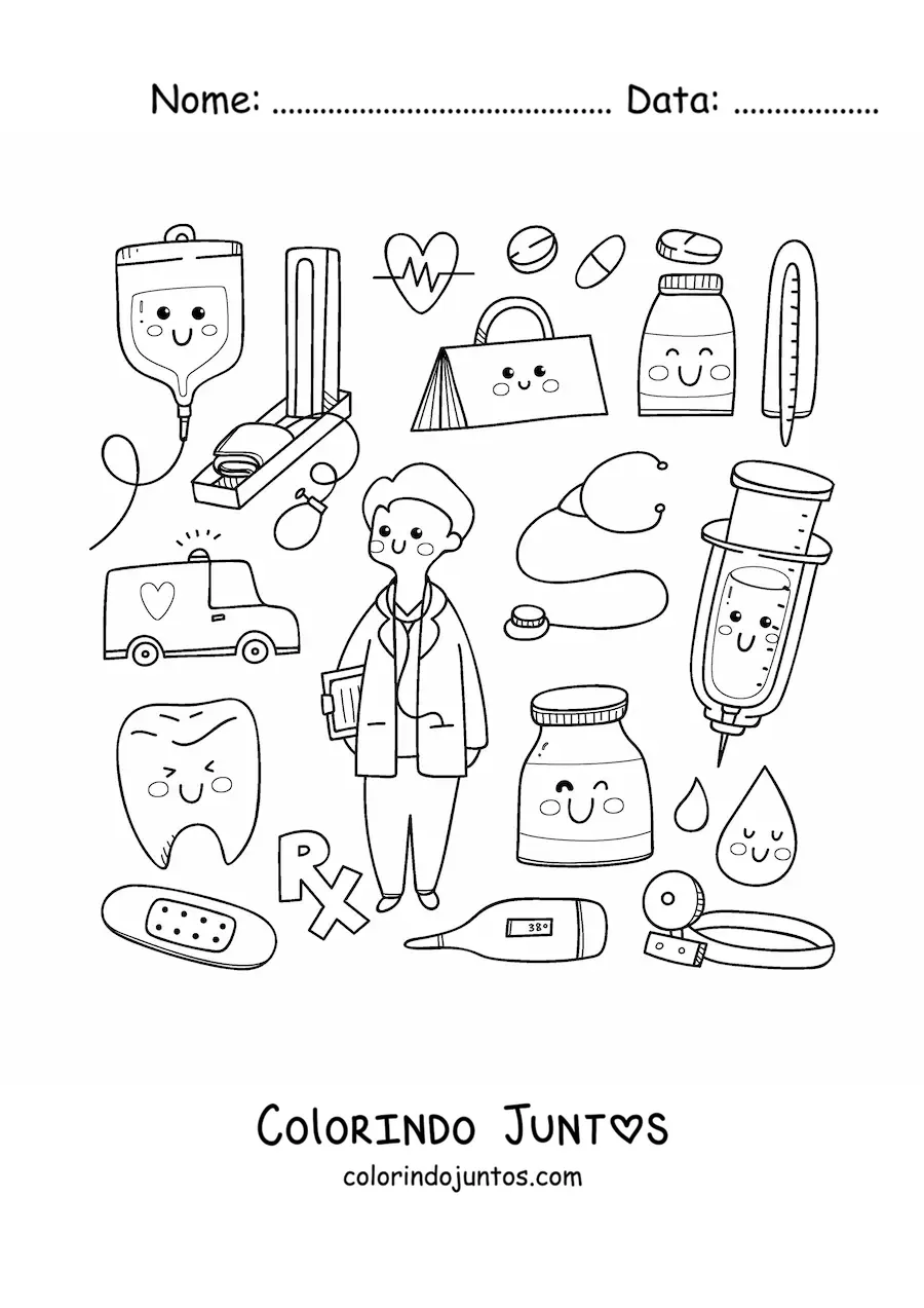 Desenho para colorir de doutor kawaii com coisas animadas