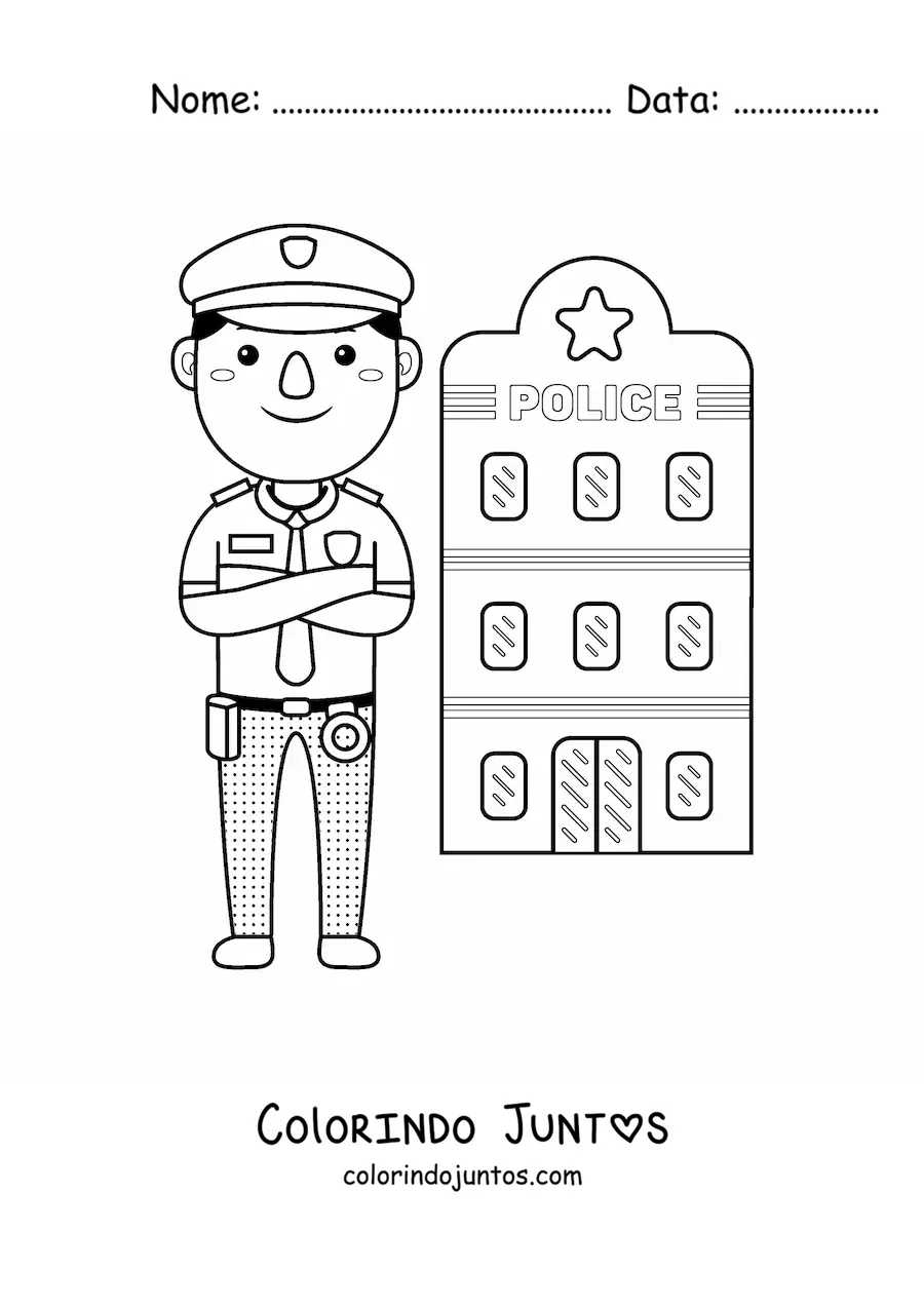 Desenho para colorir de policial kawaii em frente a delegacia