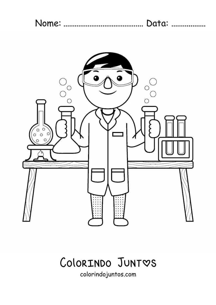 Desenho para colorir de cientista kawaii em seu laboratorio