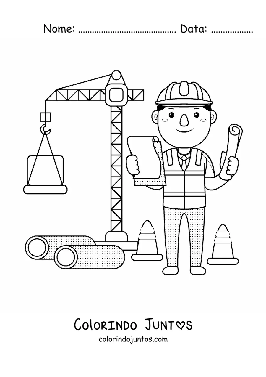 Desenho para colorir de engenheiro civil kawaii ao lado de um guindaste na construcao