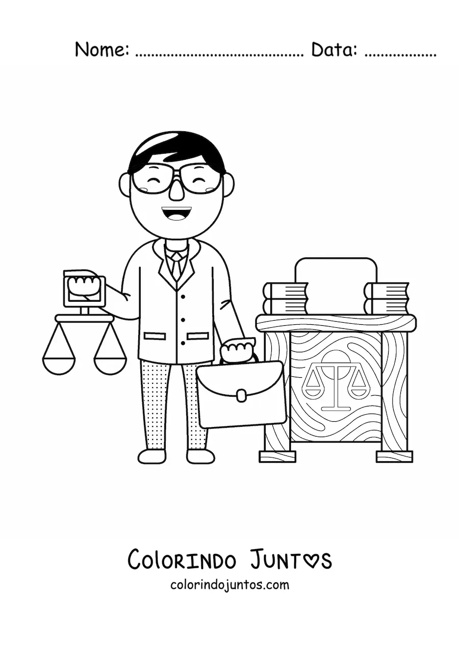 Desenho para colorir de advogado kawaii com balanca e maleta em seu escritorio