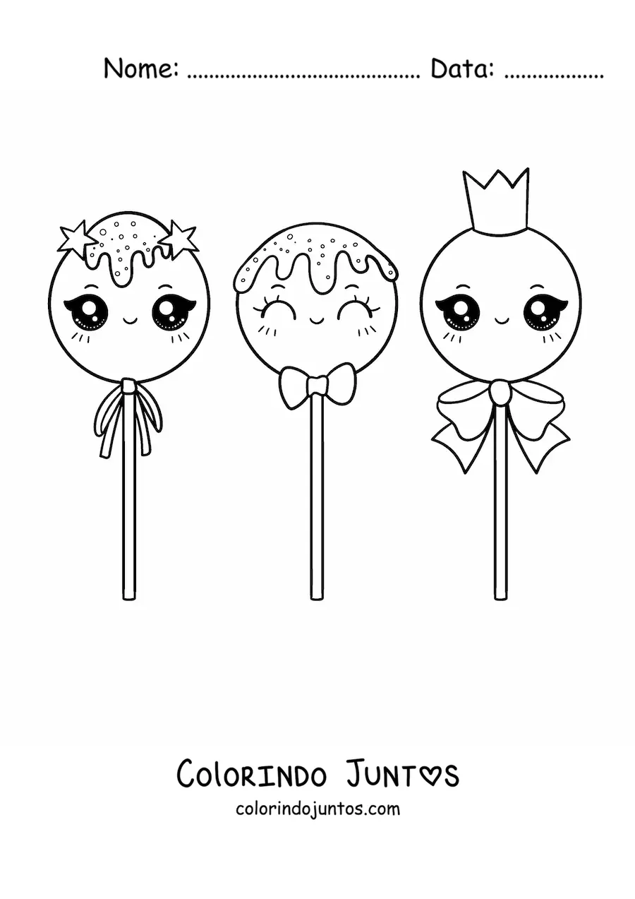 Desenho para colorir de tres pirulitos kawaii com lacos e uma coroa