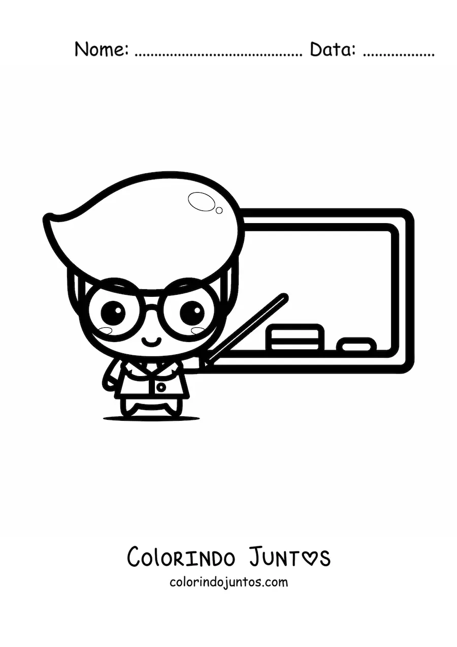 Desenho para colorir de professor kawaii dando aula em frente ao quadro-negro