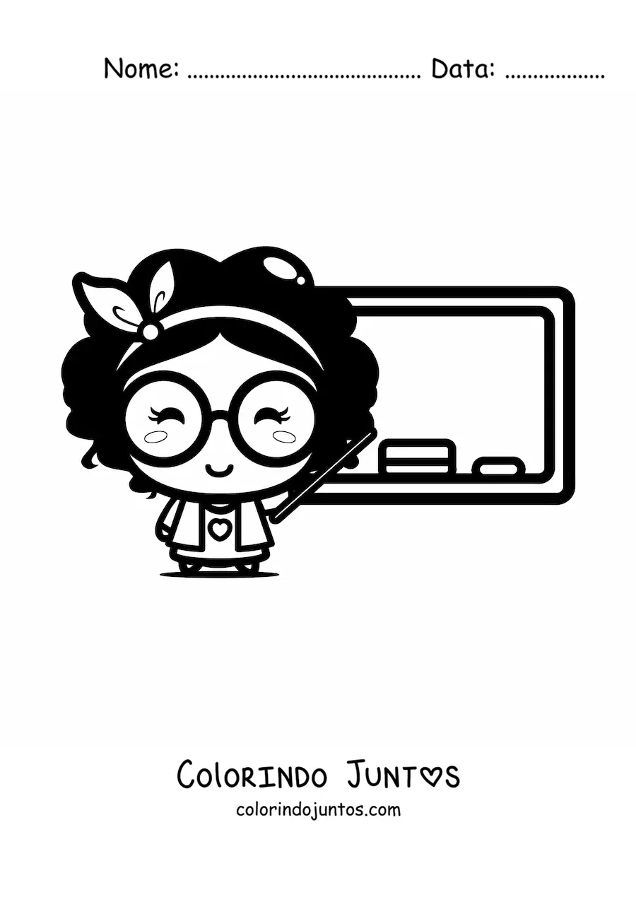 Desenho para colorir de professora kawaii dando aula em frente ao quadro-negro