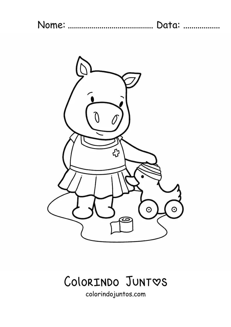 Desenho para colorir de menina porquinha kawaii animada brincando de enfermeira