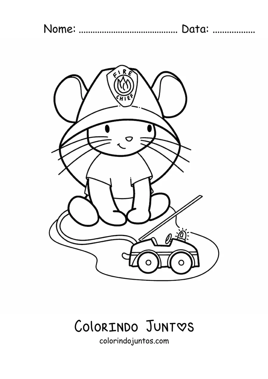 Desenho para colorir de menina ratinha kawaii animada brincando de bombeiro