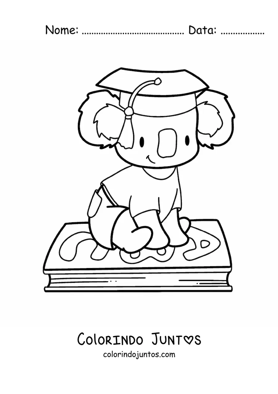 Desenho para colorir de coala kawaii animado com capelo sentado em um livro