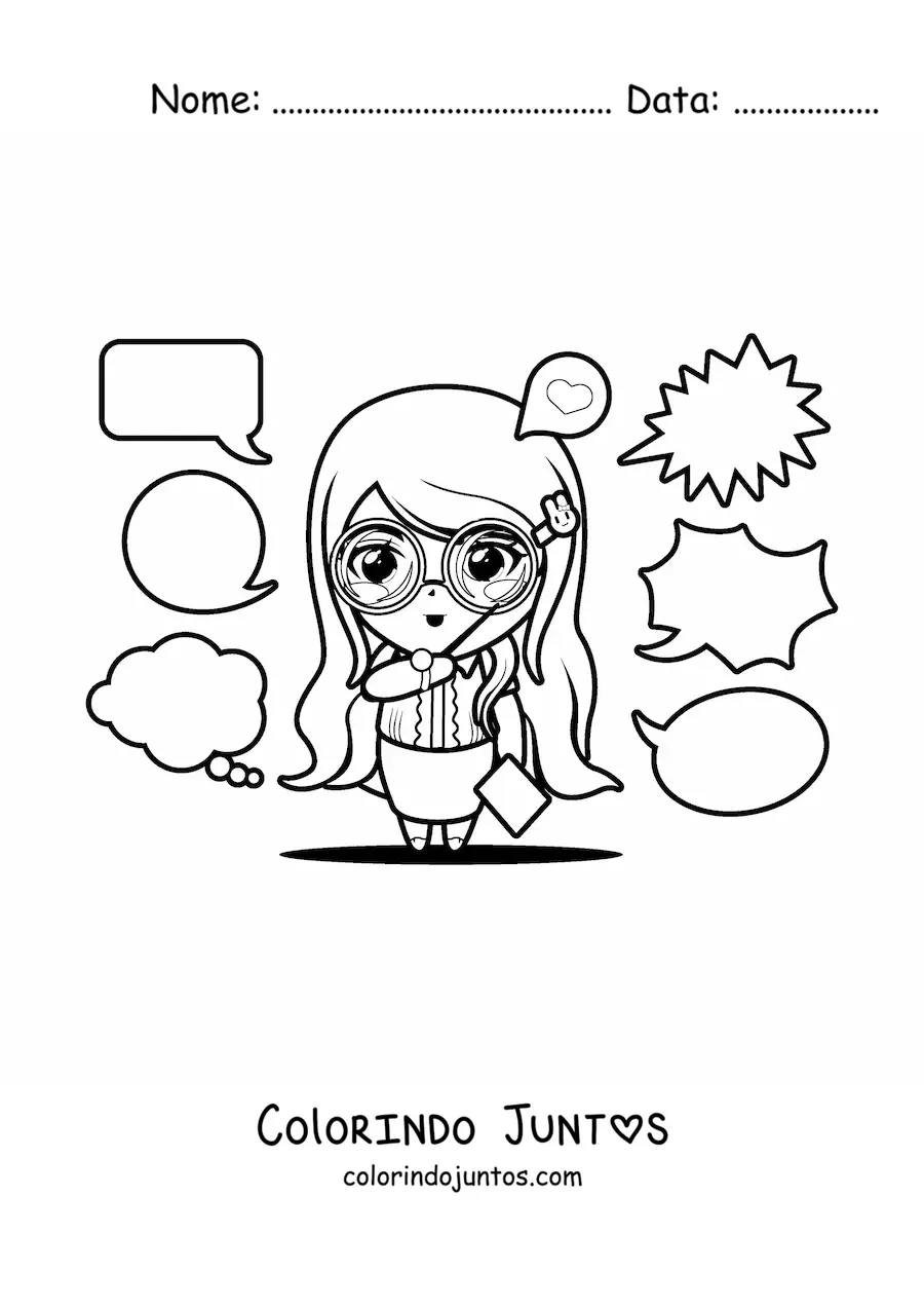 Desenho para colorir de professora kawaii dando aula