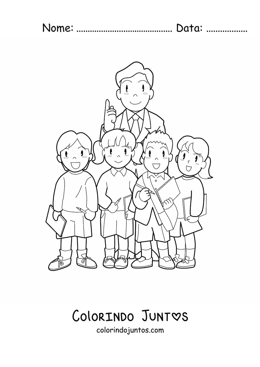 Desenho para colorir de professor e alunos do ensino fundamental