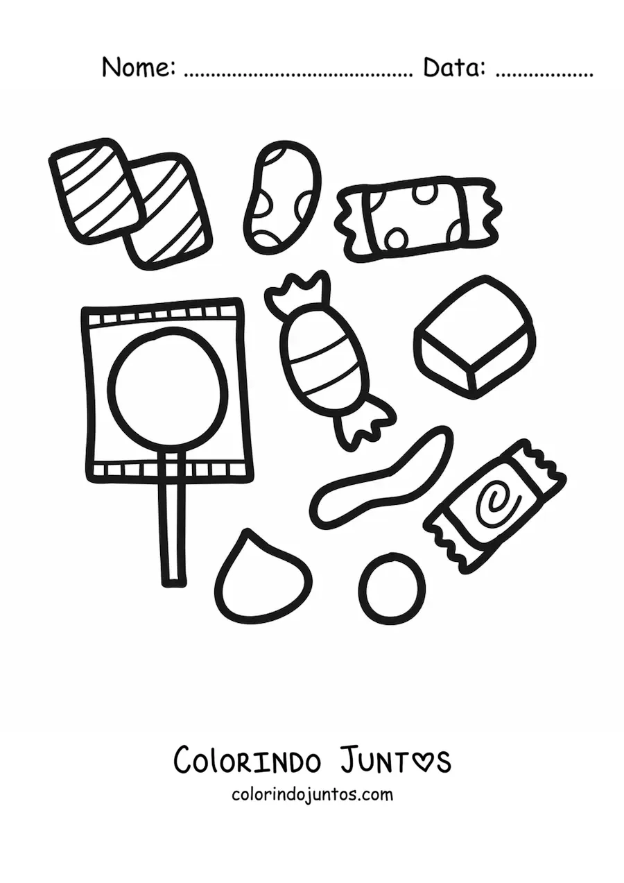 Desenho para colorir de varios pirulitos e balas embrulhadas