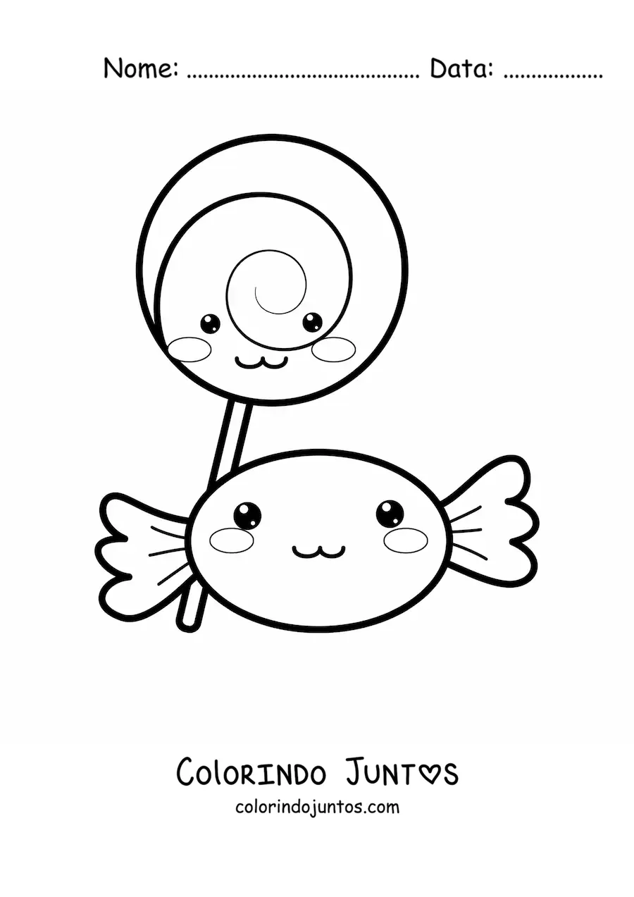 Desenho para colorir de um pirulito kawaii em espiral e uma bala