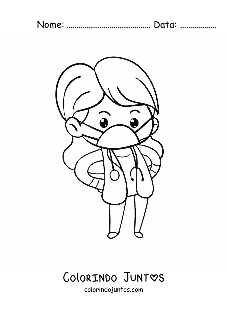 Desenho para colorir de doutora kawaii com mascara grande