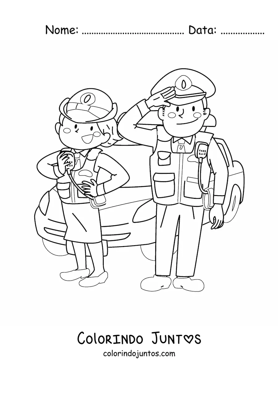 Desenho para colorir de policiais e viatura