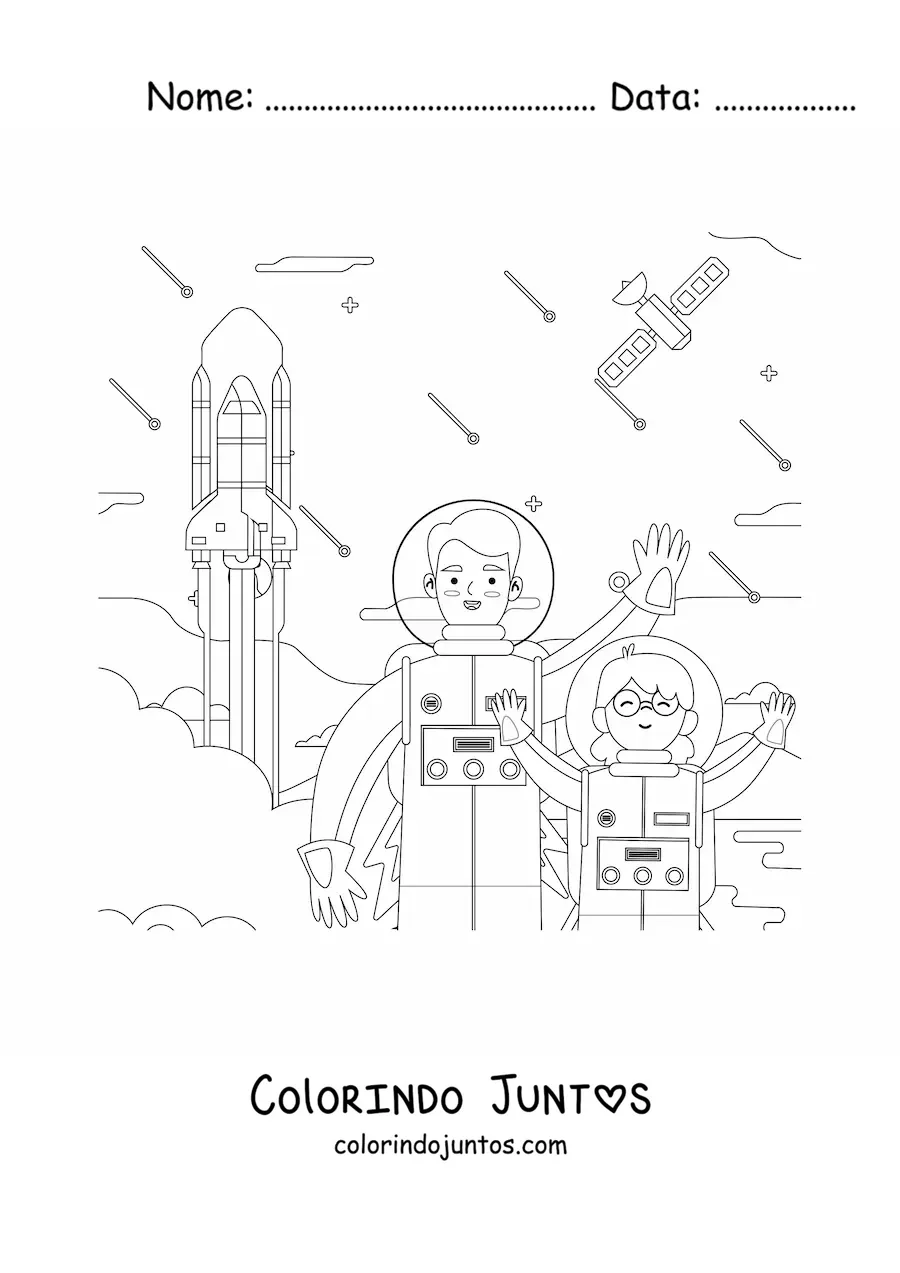 Desenho para colorir de menina astronauta com foguete decolando