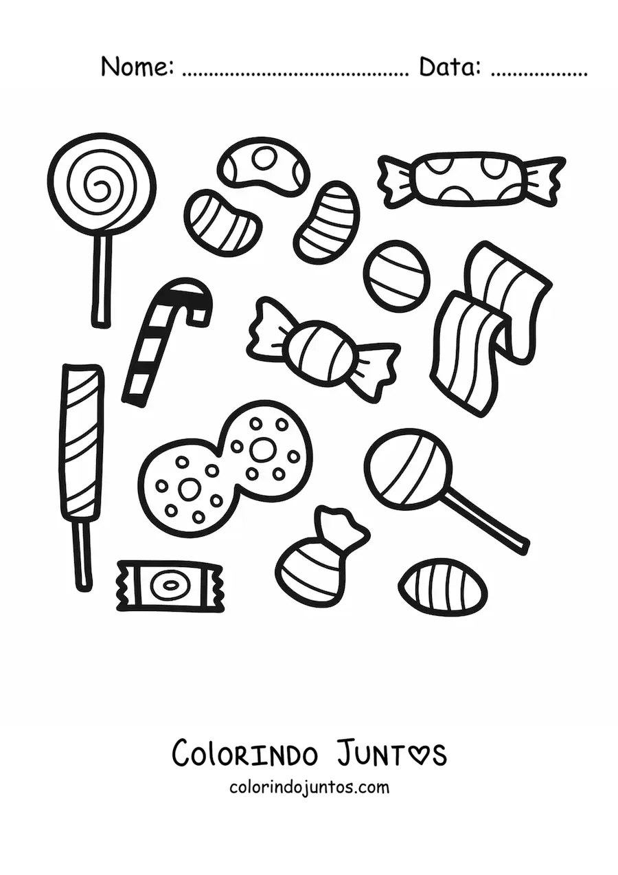 Desenho para colorir de varios pirulitos e balas embrulhadas