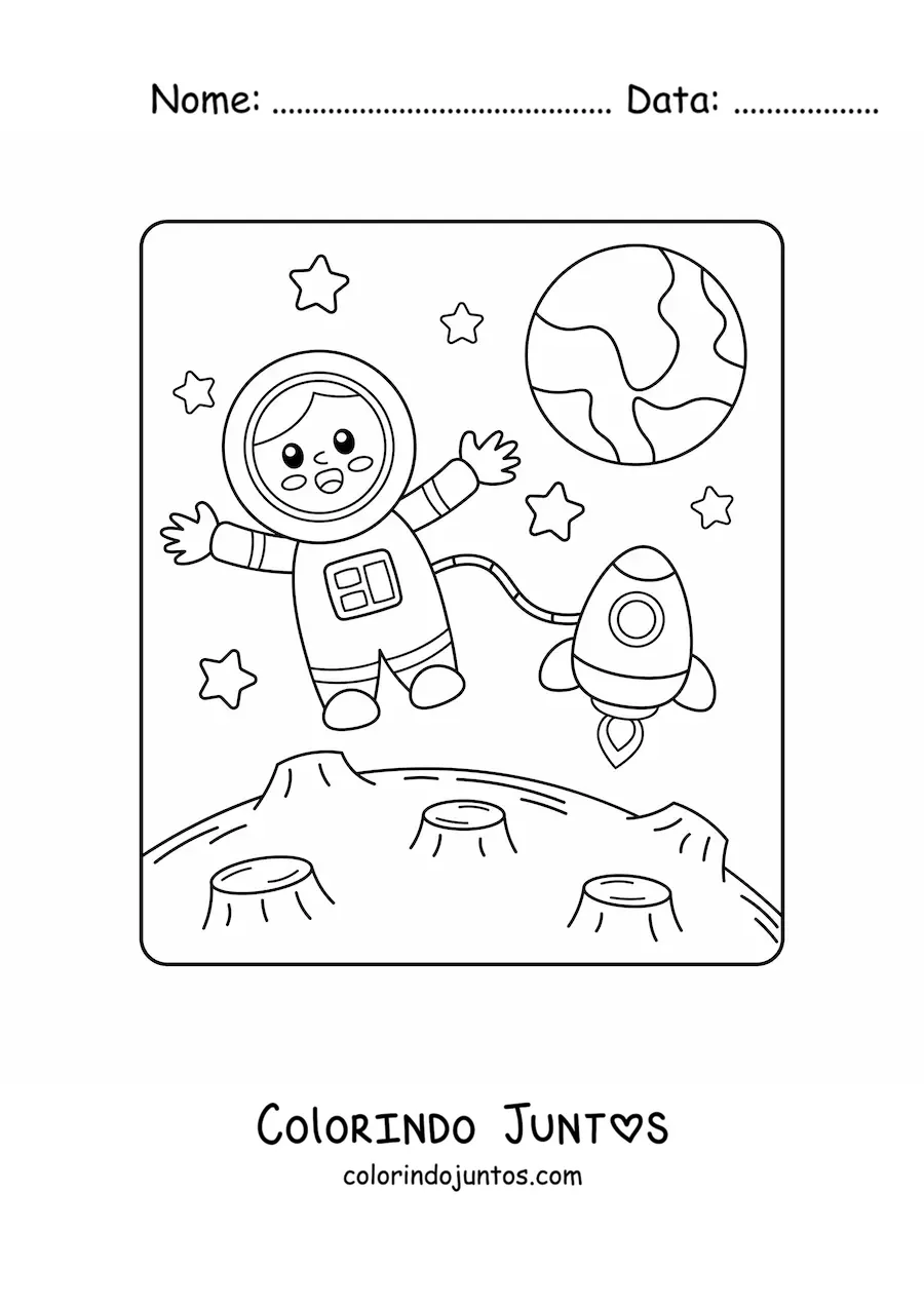 Desenho para colorir de astronauta animado na Lua