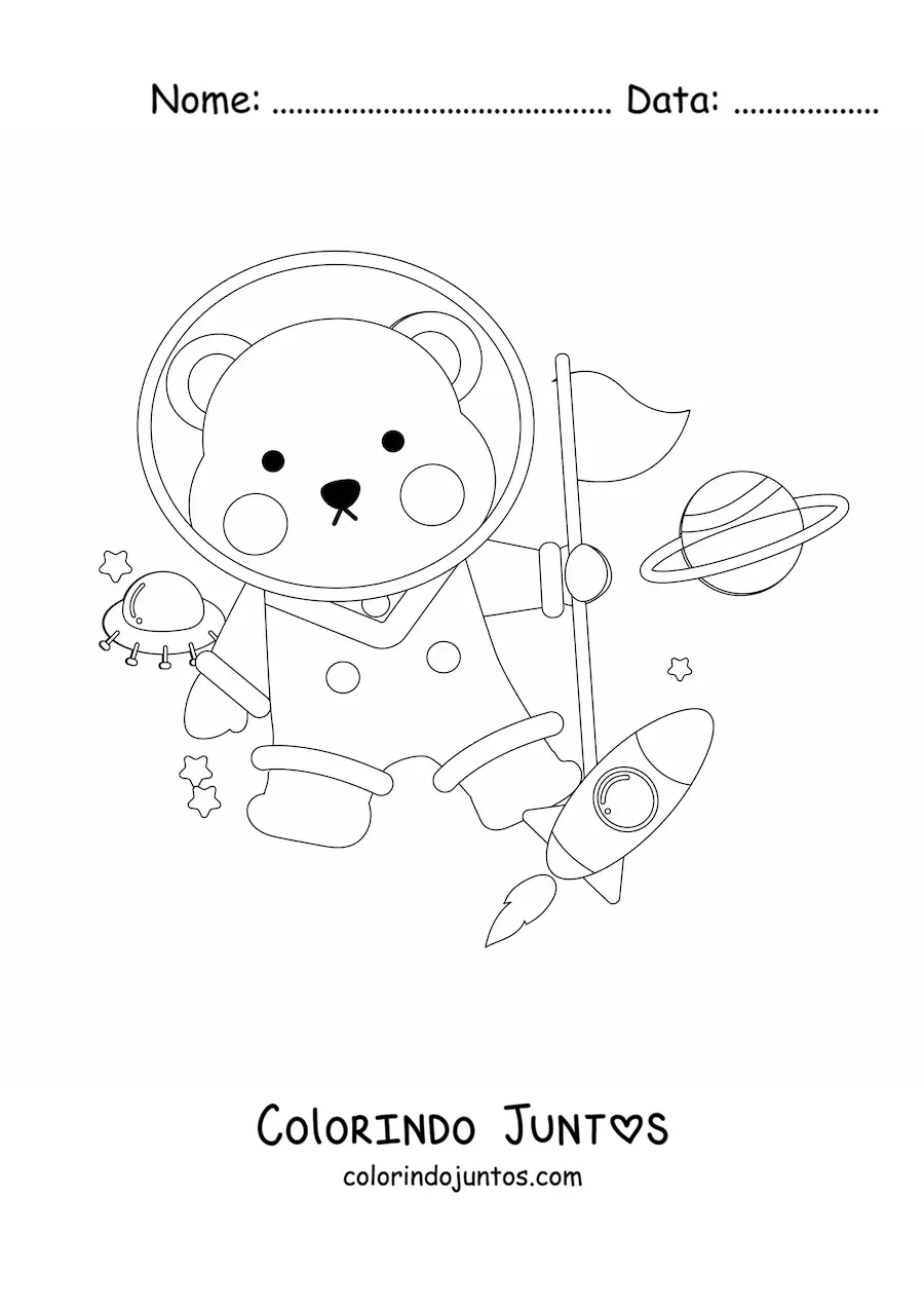 Desenho para colorir de urso astronauta animado no espaco