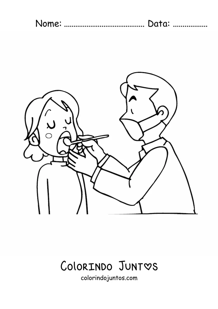 Desenho para colorir de dentista animado e paciente