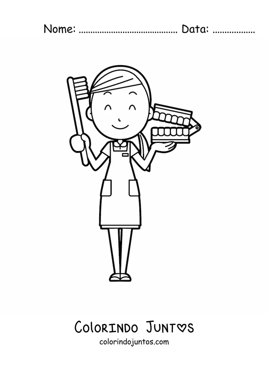 Desenho para colorir de mulher dentista animada com dentadura e escova