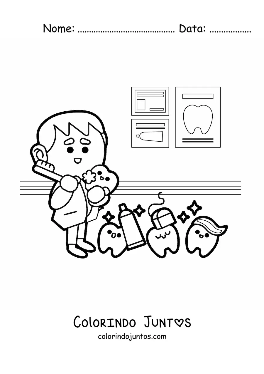 Desenho para colorir de dentista e dentes kawaii promovendo a higiene bucal
