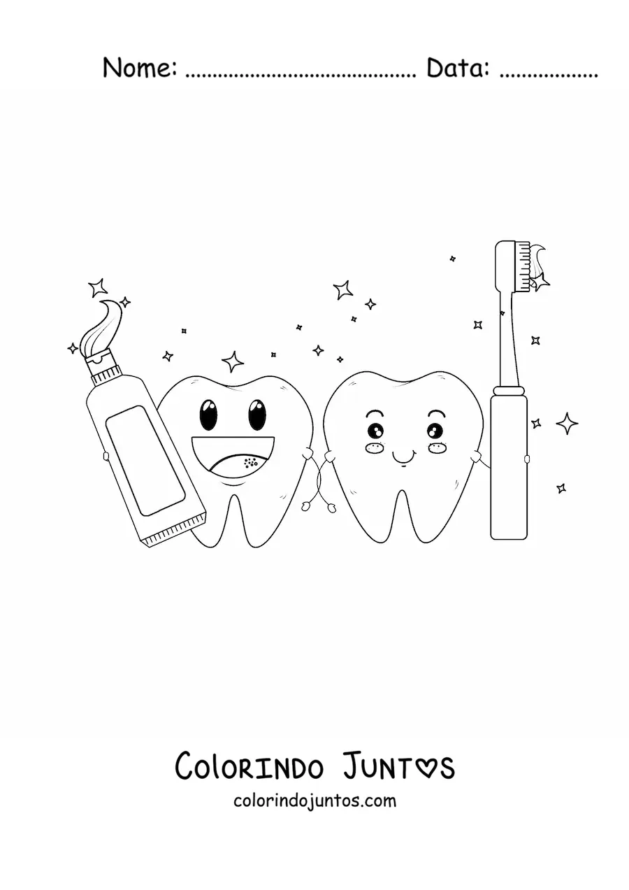 Desenho para colorir de dentes kawaii com escova e pasta de dente