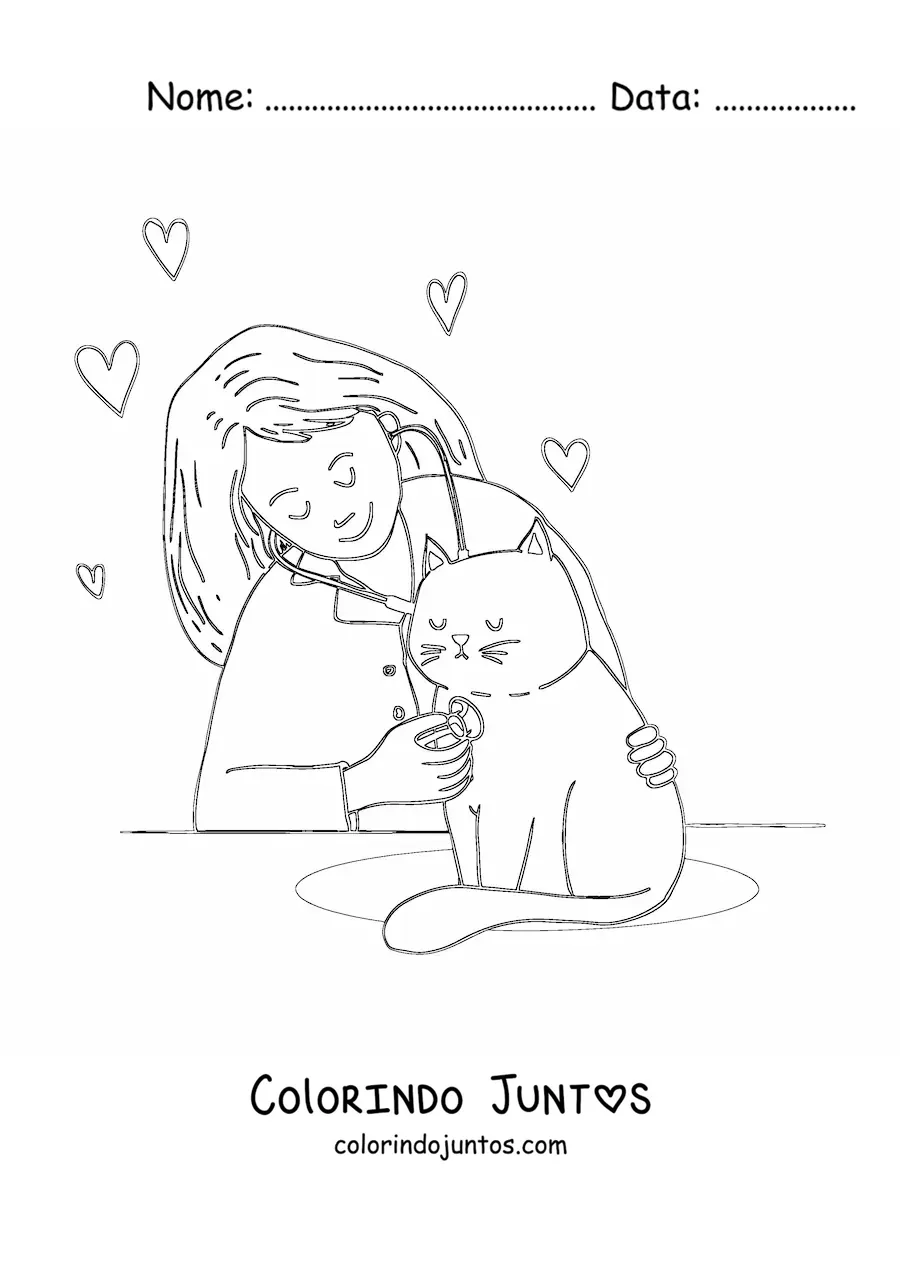 Desenho para colorir de veterinaria examinando um gato