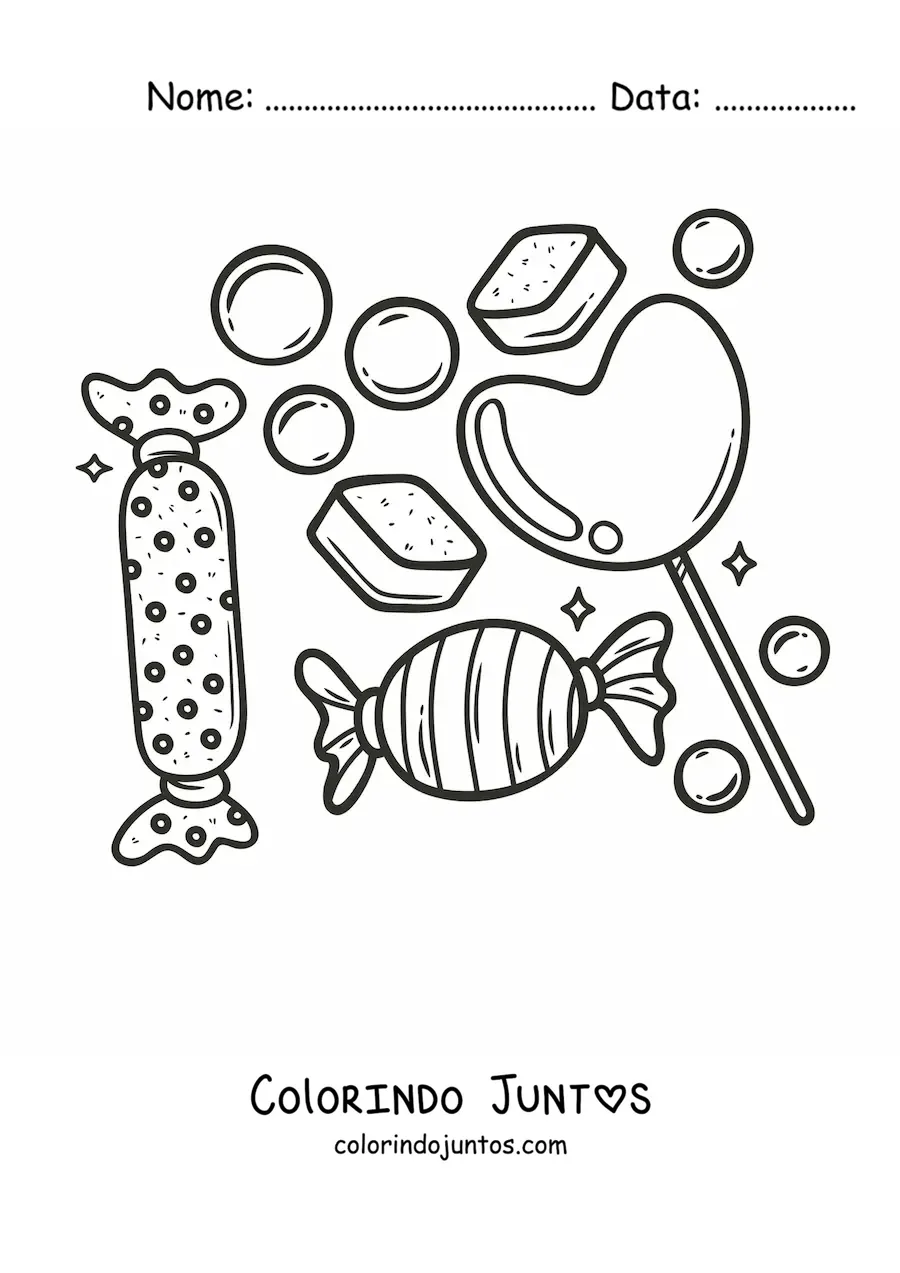 Desenho para colorir de um pirulito em formato de coracao, biscoitos e balas