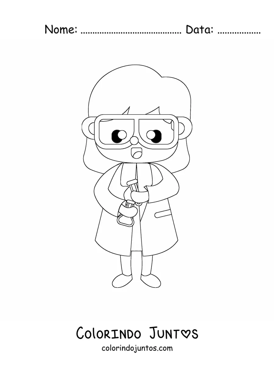 Desenho para colorir de mulher cientista kawaii misturando quimicos