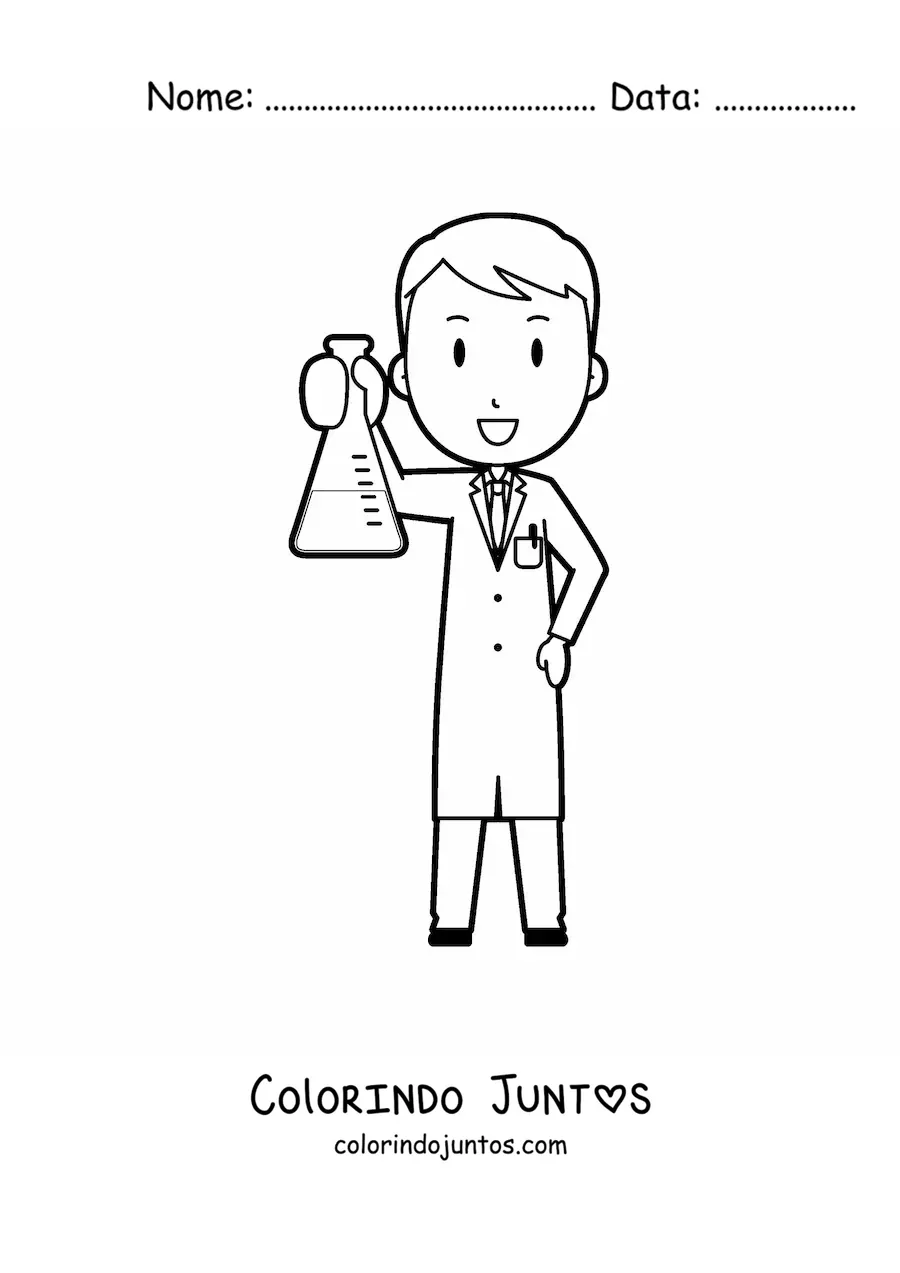 Desenho para colorir de cientista animado com frasco erlenmeyer