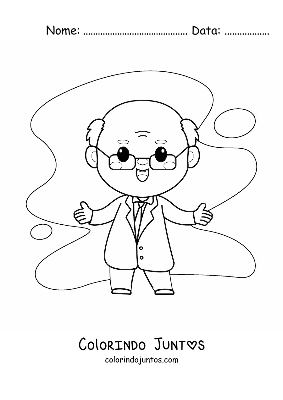 Desenho para colorir de cientista kawaii com jaleco de laboratorio