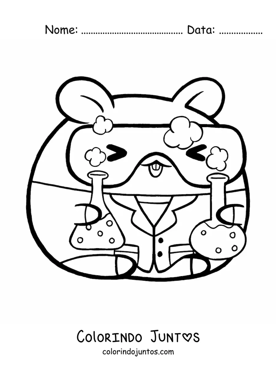 Desenho para colorir de hamster cientista kawaii animado com quimicos e oculos de seguranca