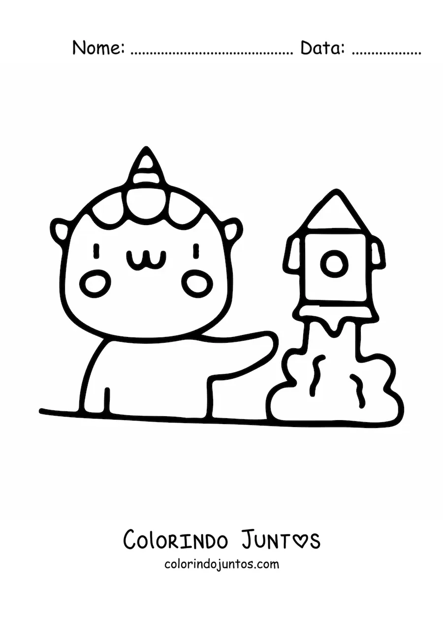 Desenho para colorir de unicornio kawaii estudando um foguete