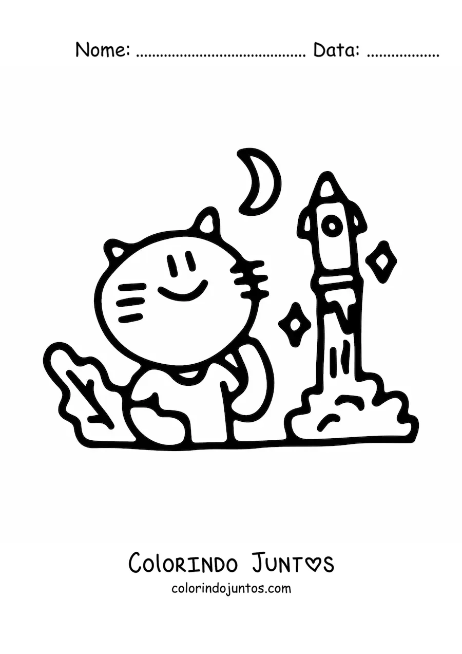 Desenho para colorir de gato kawaii estudando um foguete