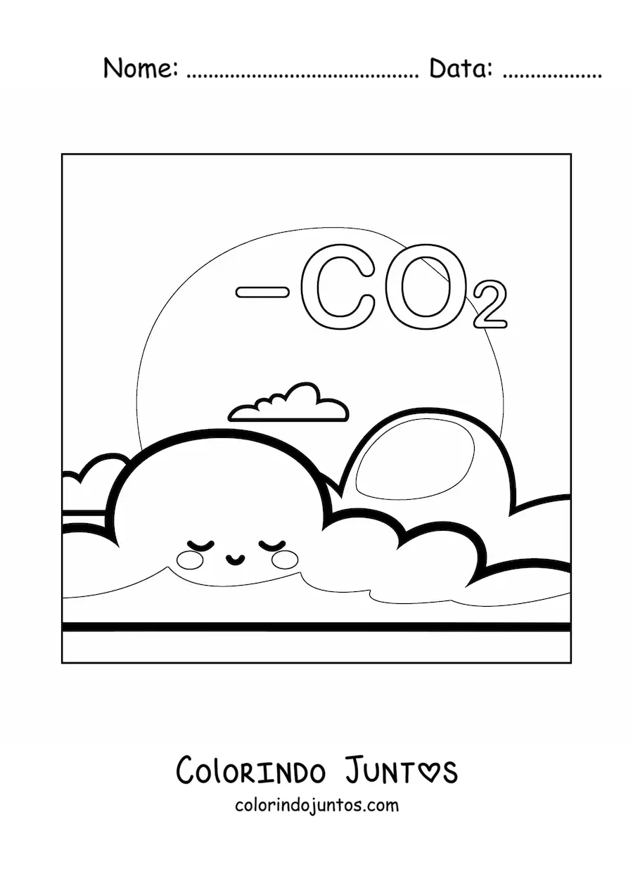 Desenho para colorir de planeta Terra kawaii com dioxido de carbono na atmosfera