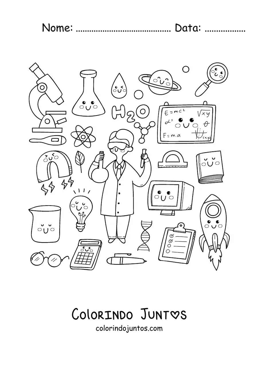 Desenho para colorir de homem cientista com coisas kawaii animadas