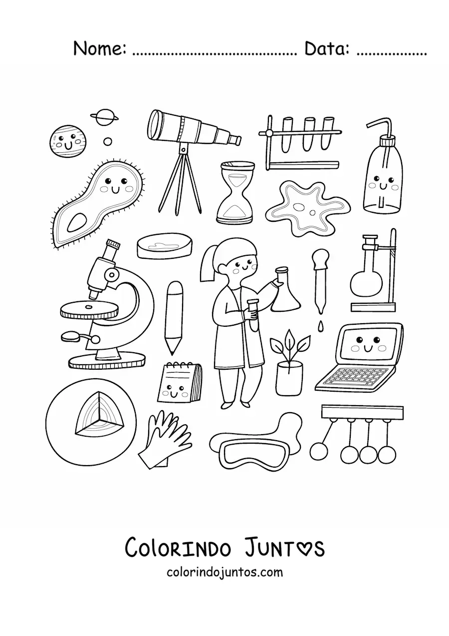 Desenho para colorir de mulher cientista com coisas kawaii animadas