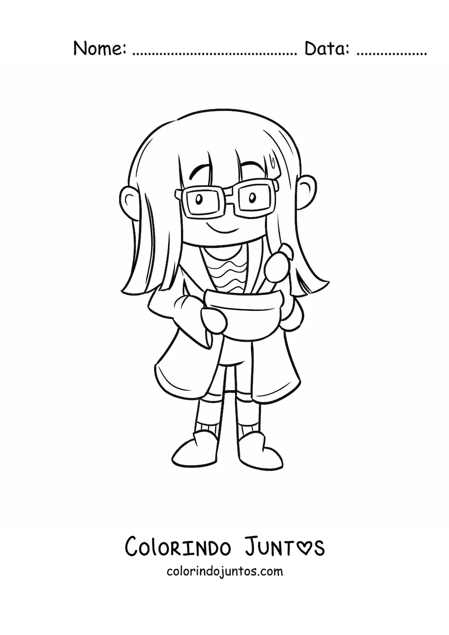 Desenho para colorir de mulher cientista kawaii preparando uma solução