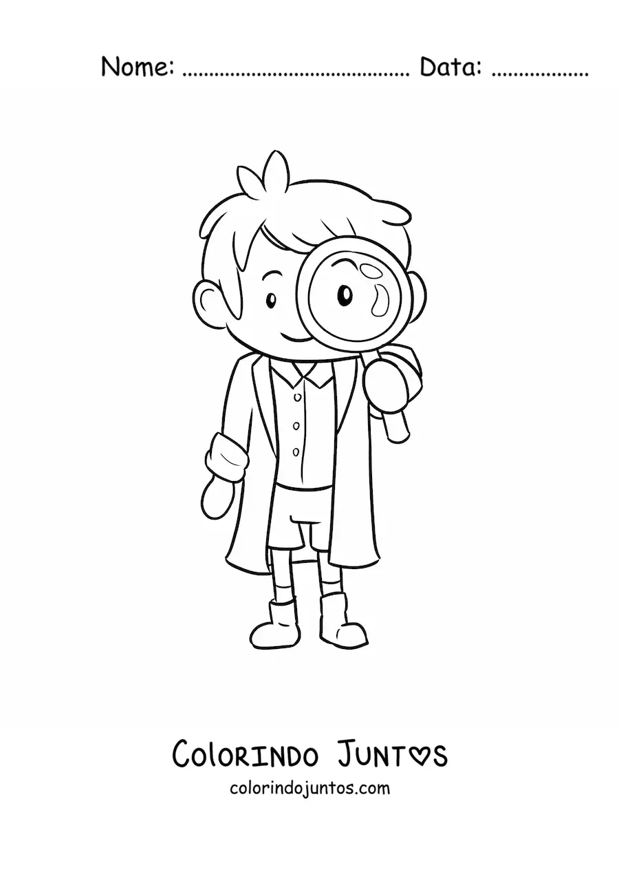 Desenho para colorir de homem cientista kawaii com uma lupa