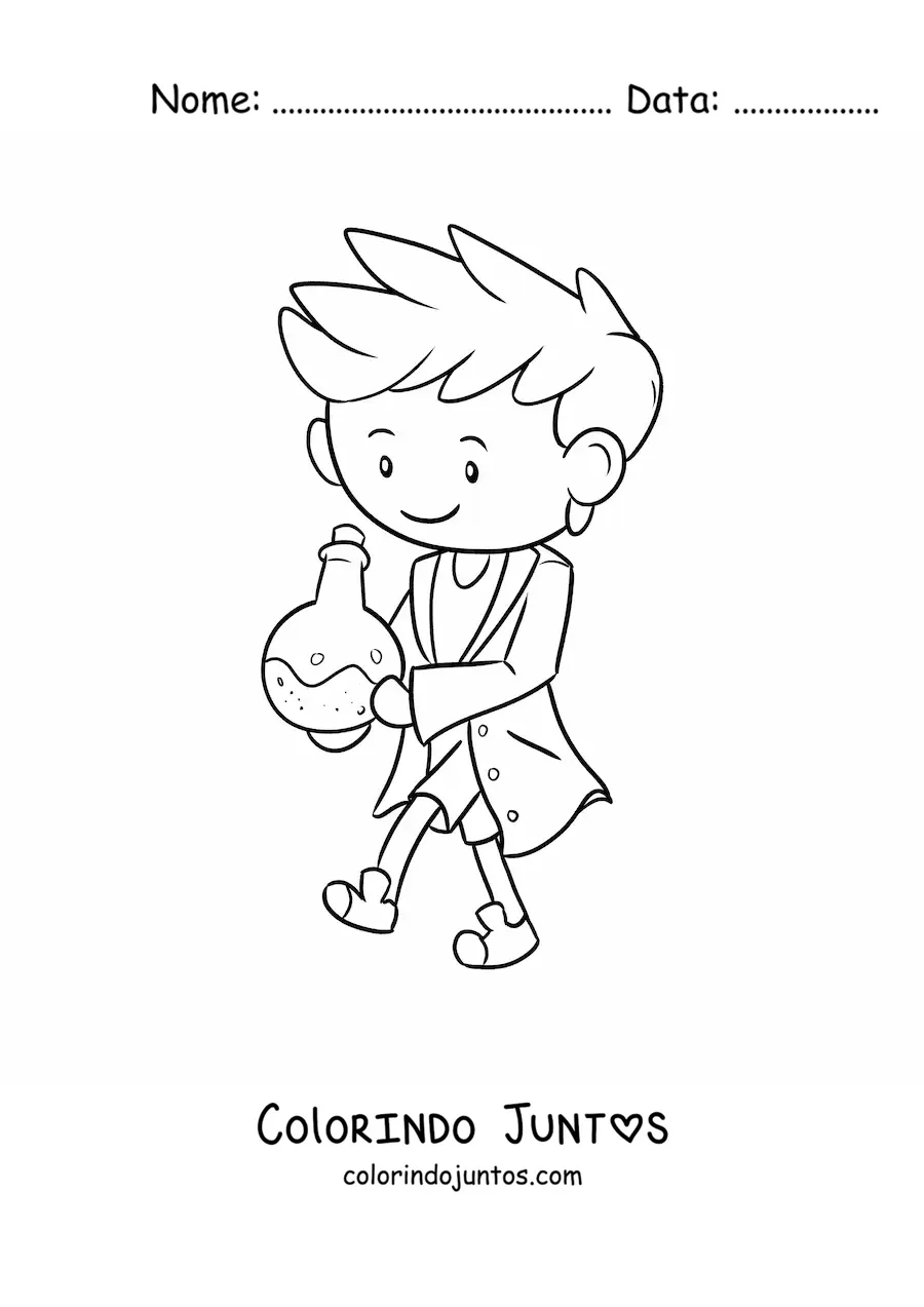 Desenho para colorir de homem cientista kawaii com um químico