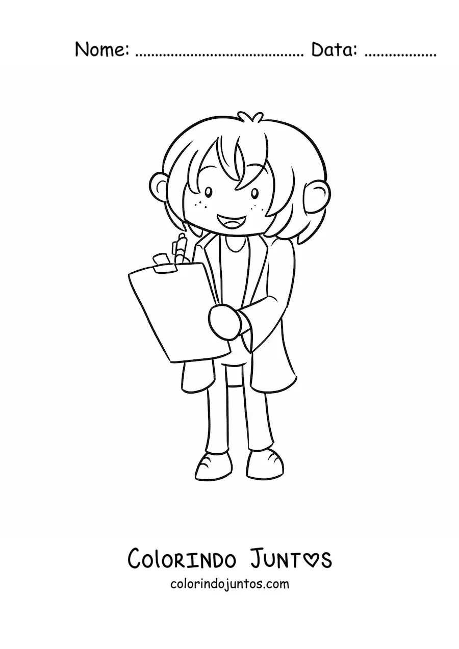 Desenho para colorir de cientista kawaii fazendo anotações