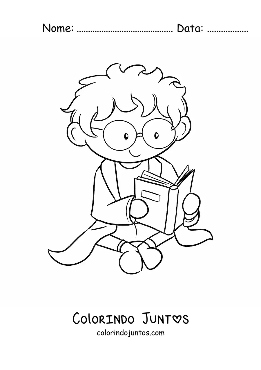 Desenho para colorir de cientista kawaii sentado lendo um livro de ciências
