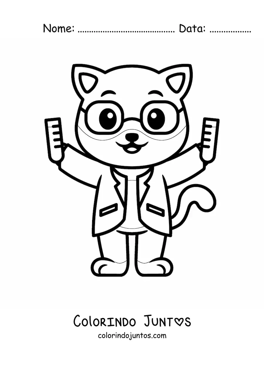 Desenho para colorir de gato cientista kawaii com químicos