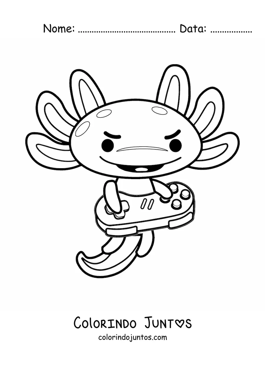 Desenho para colorir de axolote kawaii animado jogando videogame
